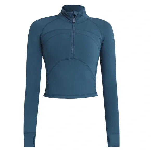 Women's Cropped Workout Jacket 1/2 Zip Pullover Slim Fit Long Sleeve Yoga Top - Picture 2 of 4